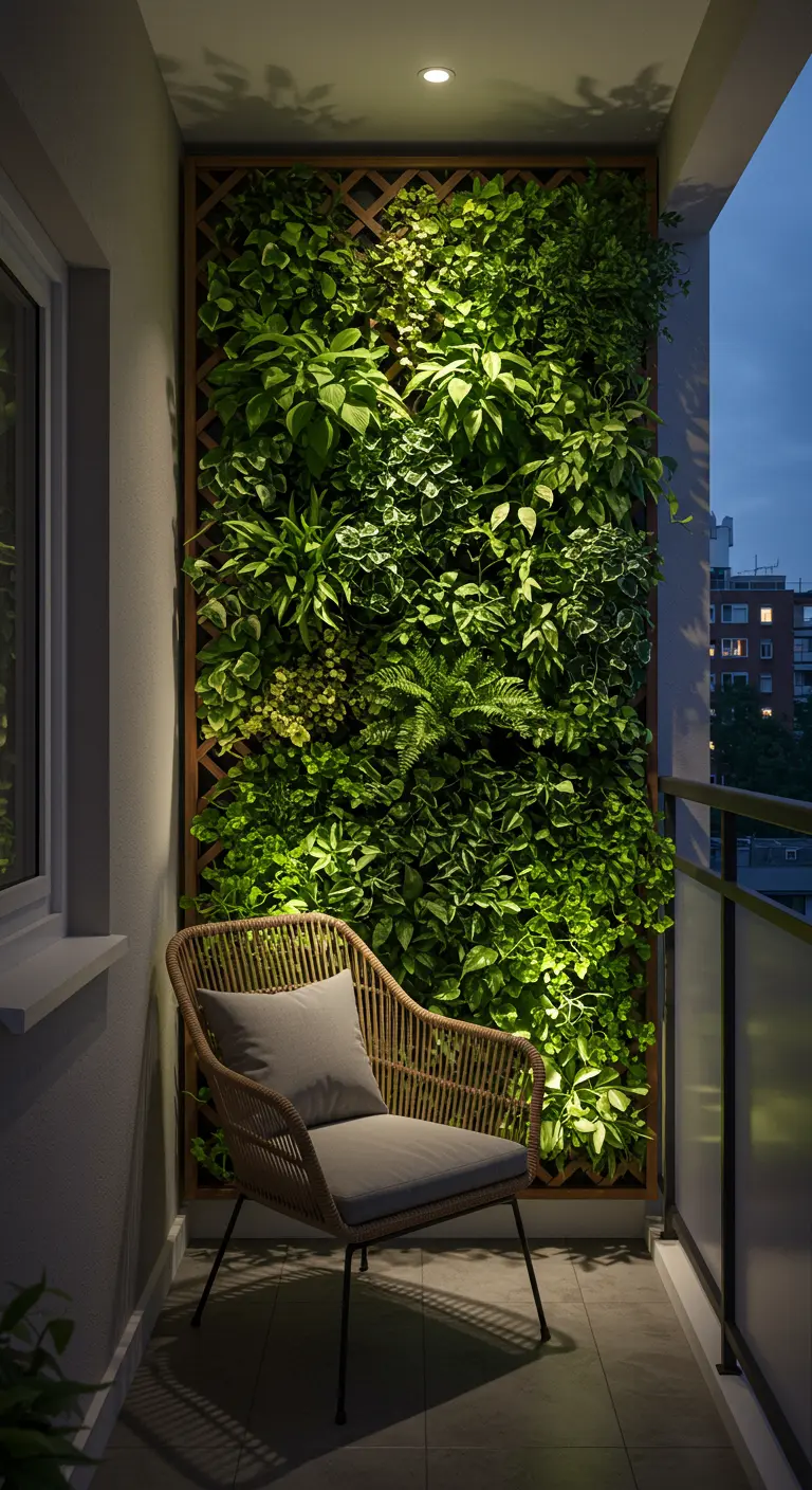 Modern balkon met een grote verticale plantenwand en een rotan stoel met grijs kussen.