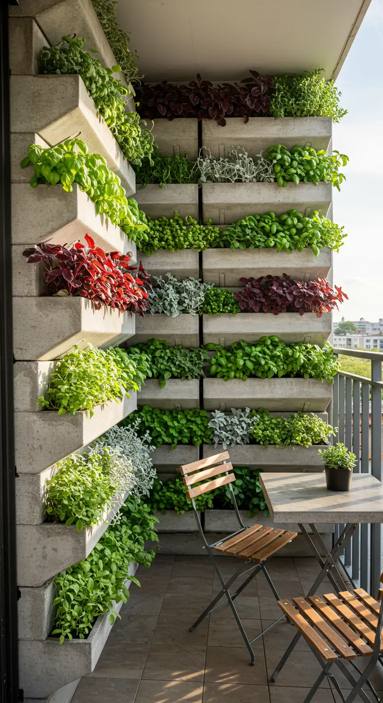 Balkon met een verticale tuin van gestapelde betonnen bakken vol kruiden en planten.