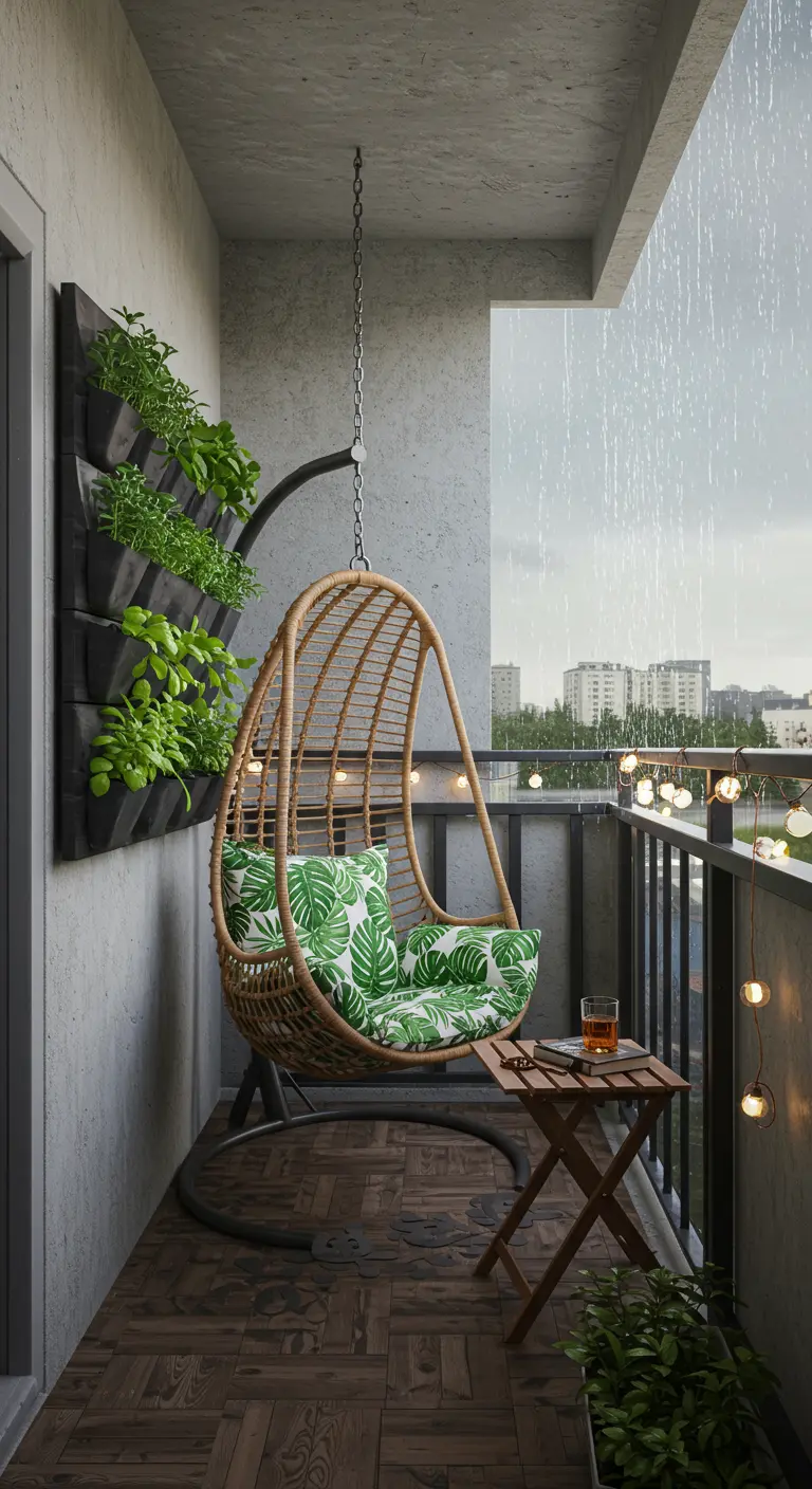 Rotan hangstoel met groene bladprint kussens op een balkon met een verticale kruidentuin.