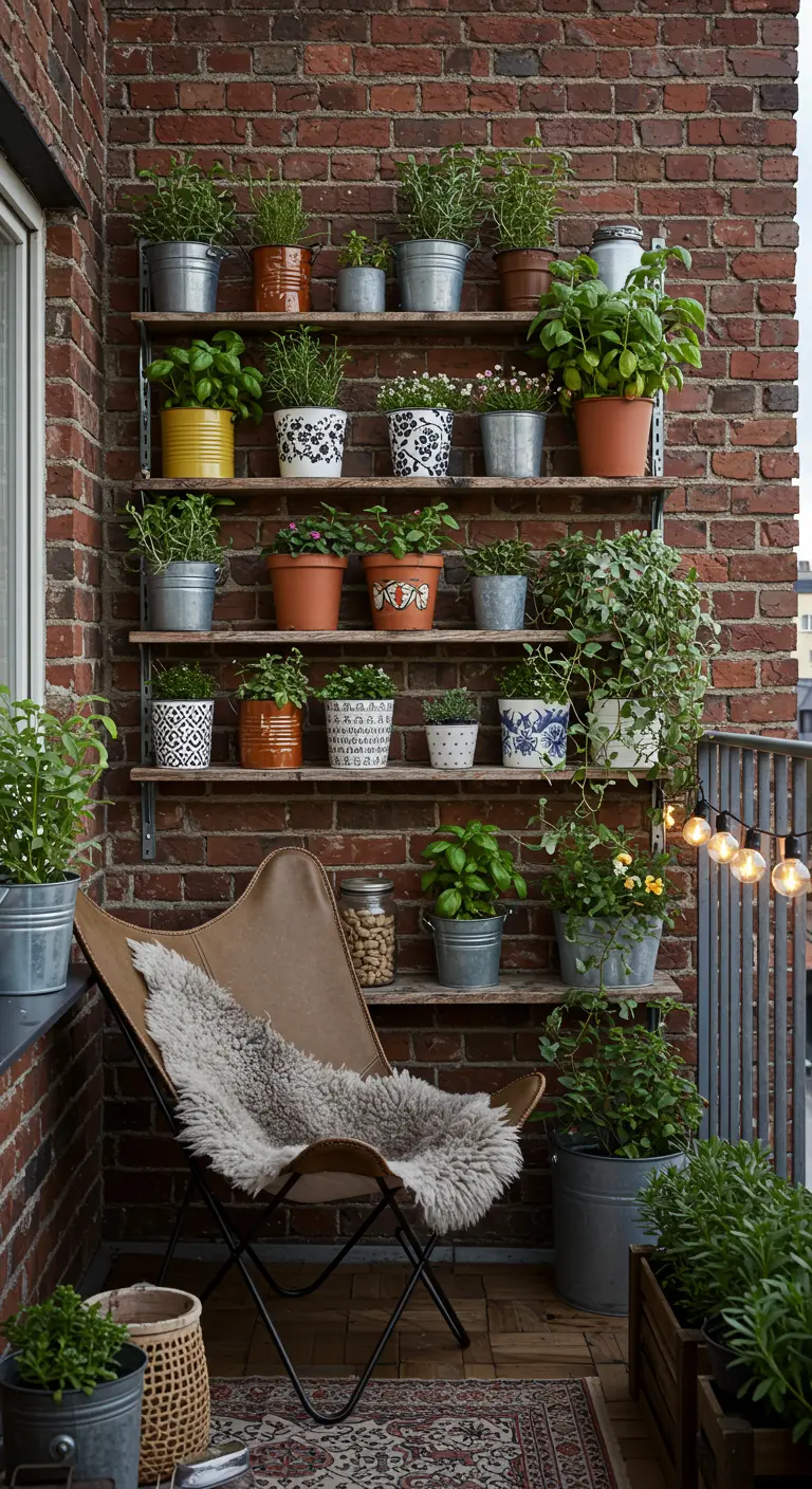 Balkon met verticale kruidentuin op planken en een vlinderstoel.
