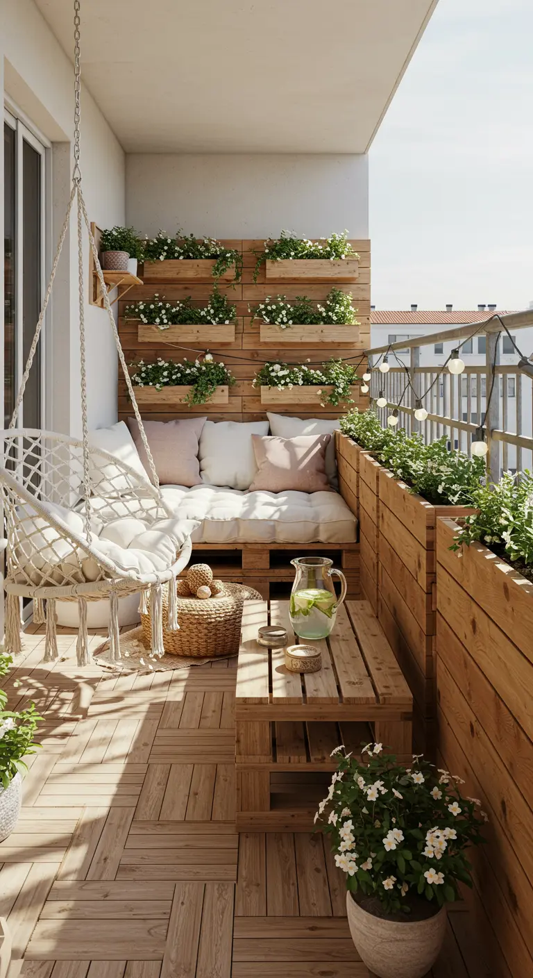 Balkon met houten palletwand voor planten, palletbank en macramé hangstoel.