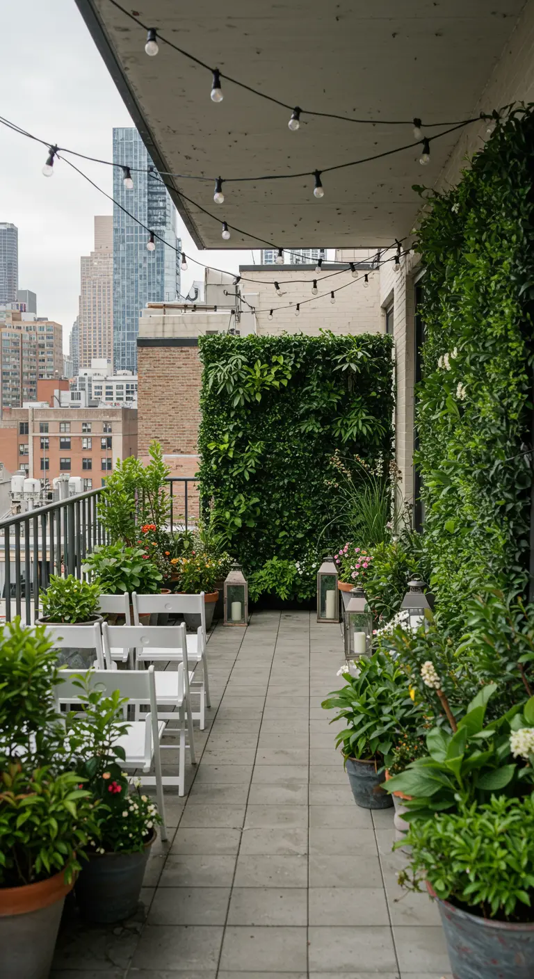 Balkon met witte stoelen, groene plantenwand en potplanten, lichtslingers.