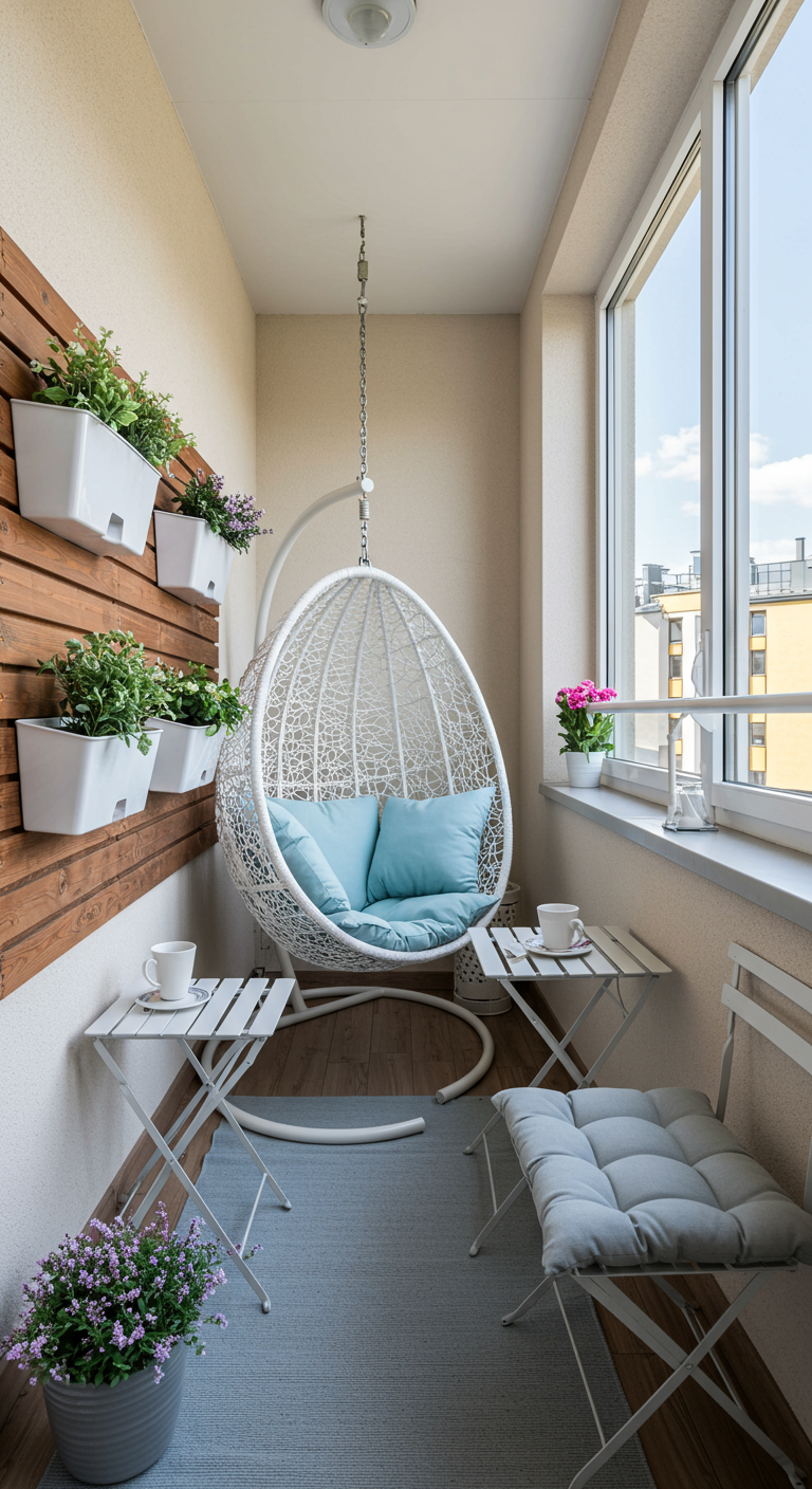 Witte hangstoel op klein balkon met verticale plantenwand en klaptafeltjes.