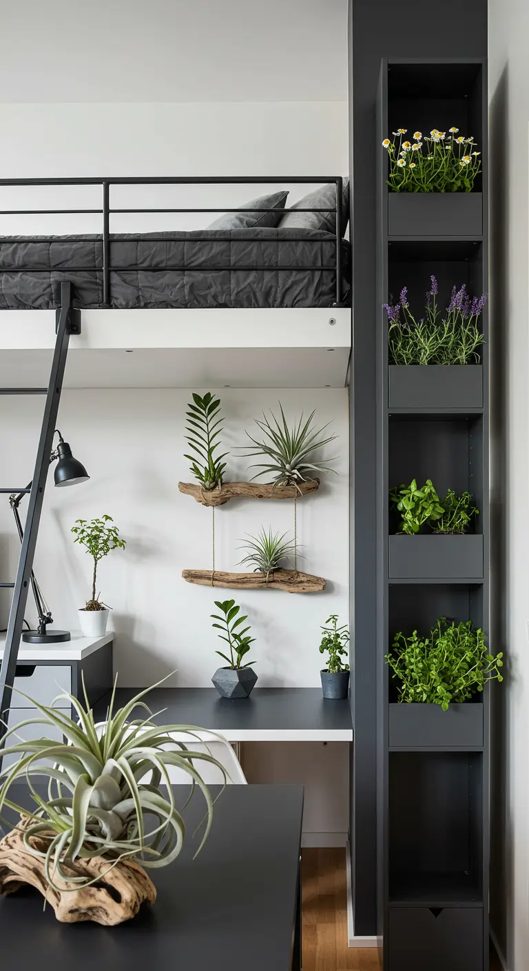 Compacte slaapkamer met hoogslaper en een verticale plantenwand naast een bureau.