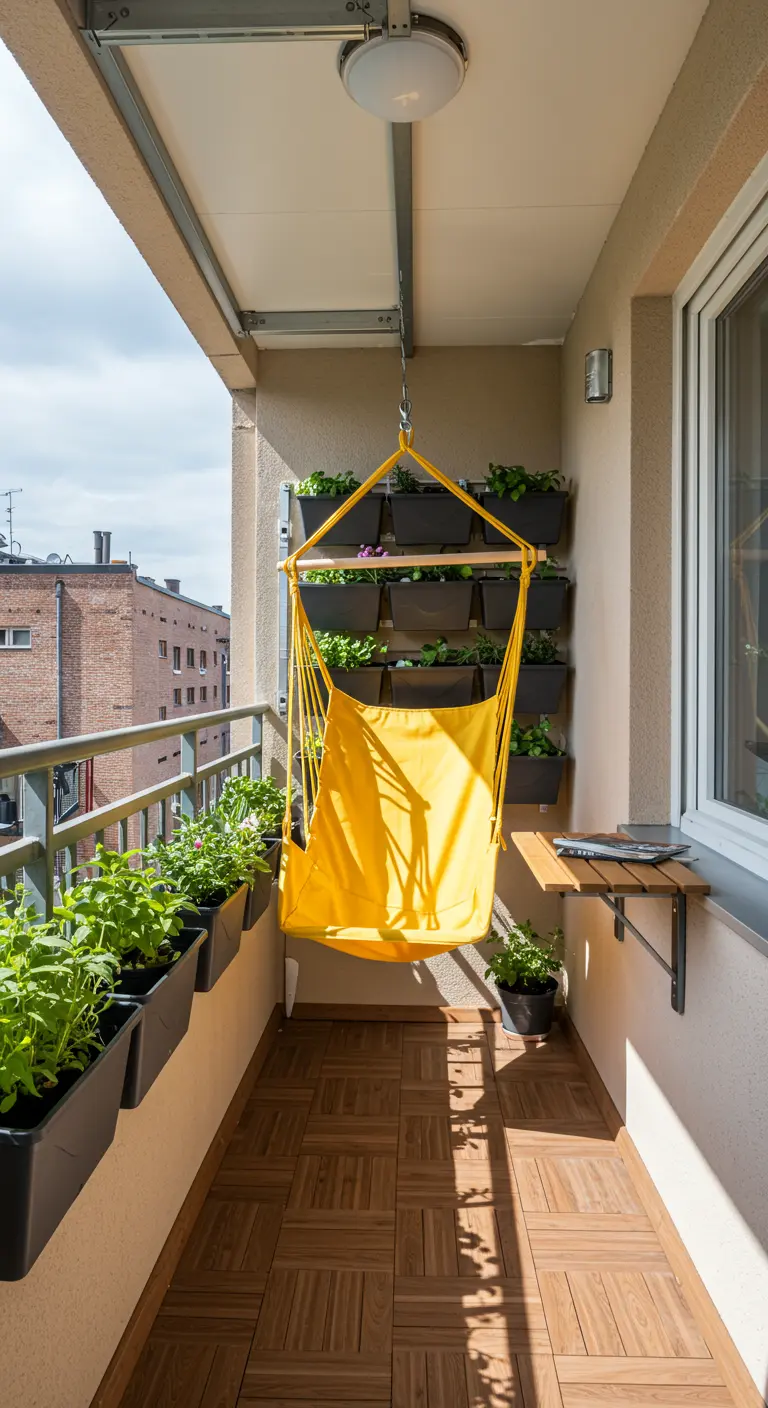 Sfeervol balkon 10 met gele hangstoel en verticale tuin