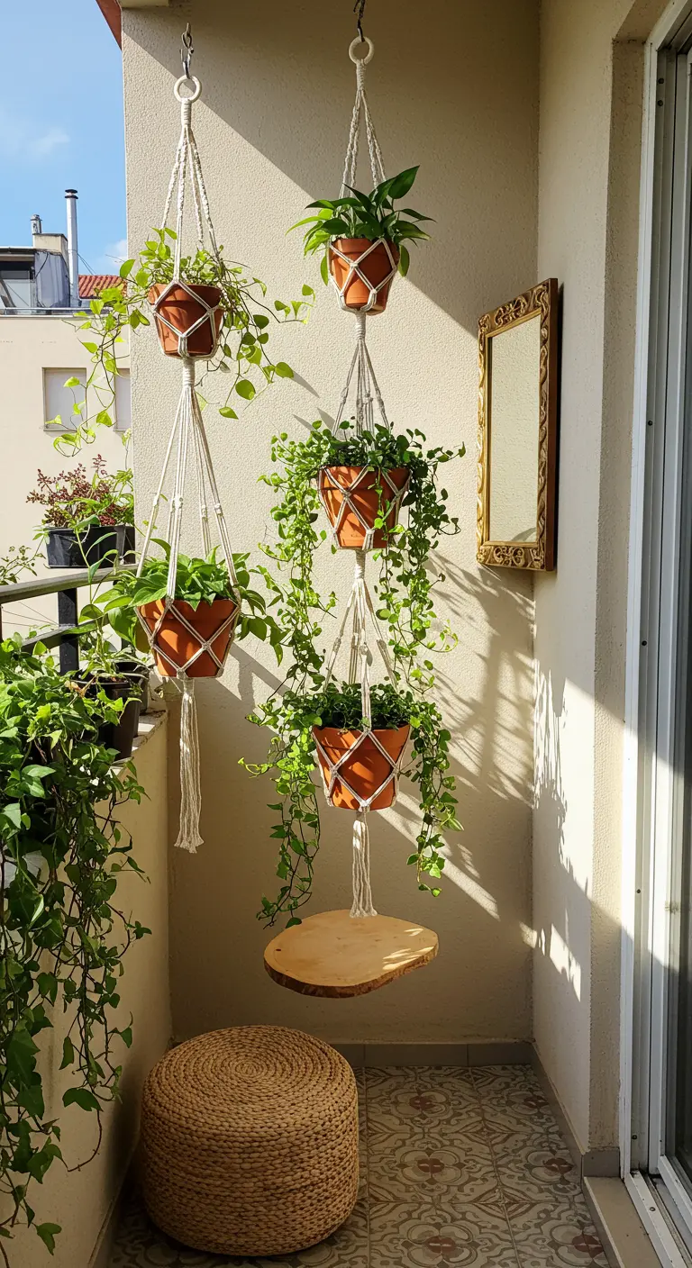 Balkon met macramé plantenhangers en een zwevend houten tafeltje, rieten poef.