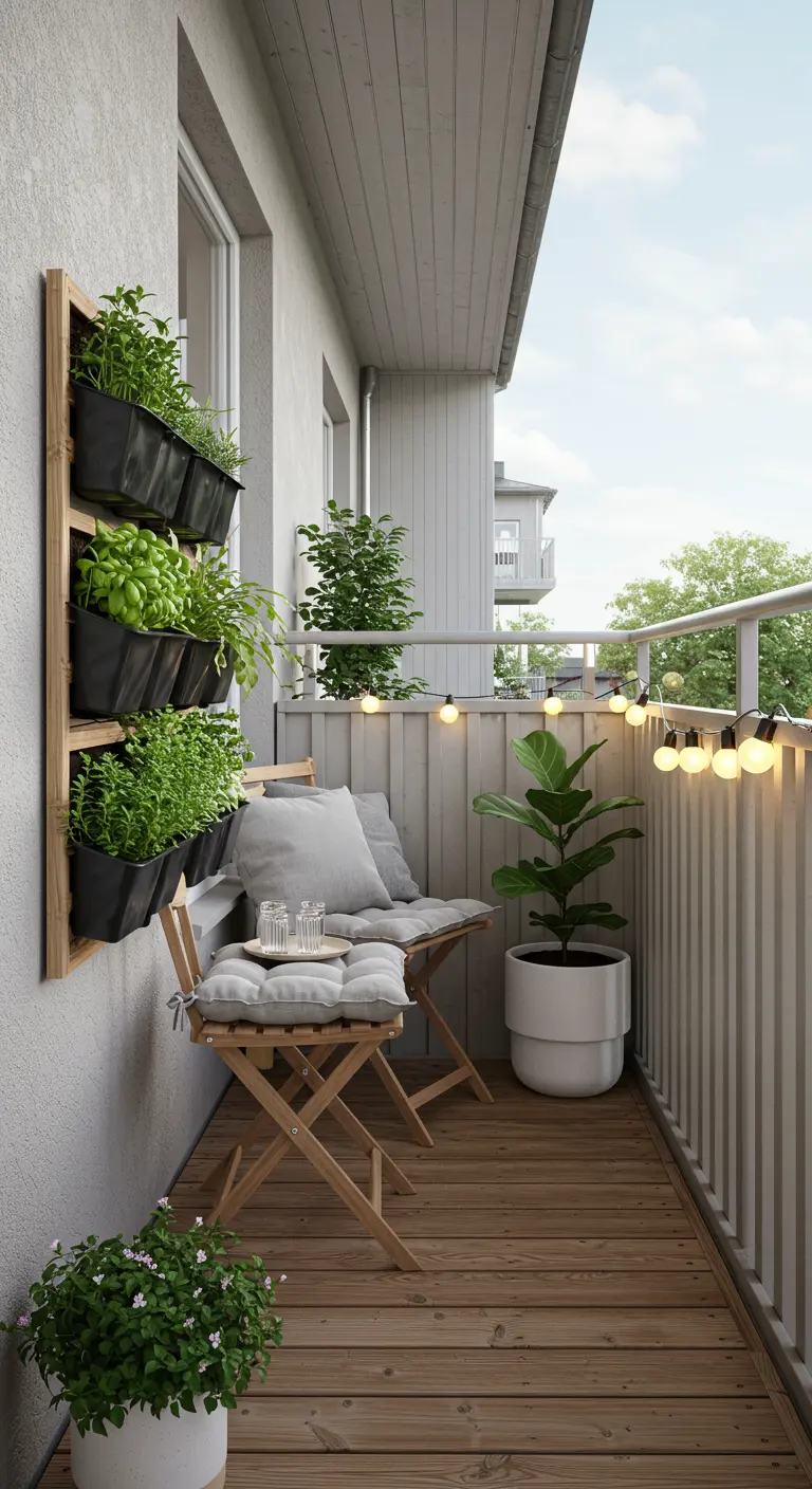 Klein balkon met verticaal houten plantensysteem met kruiden, lichtsnoer, en inklapbare houten stoelen.