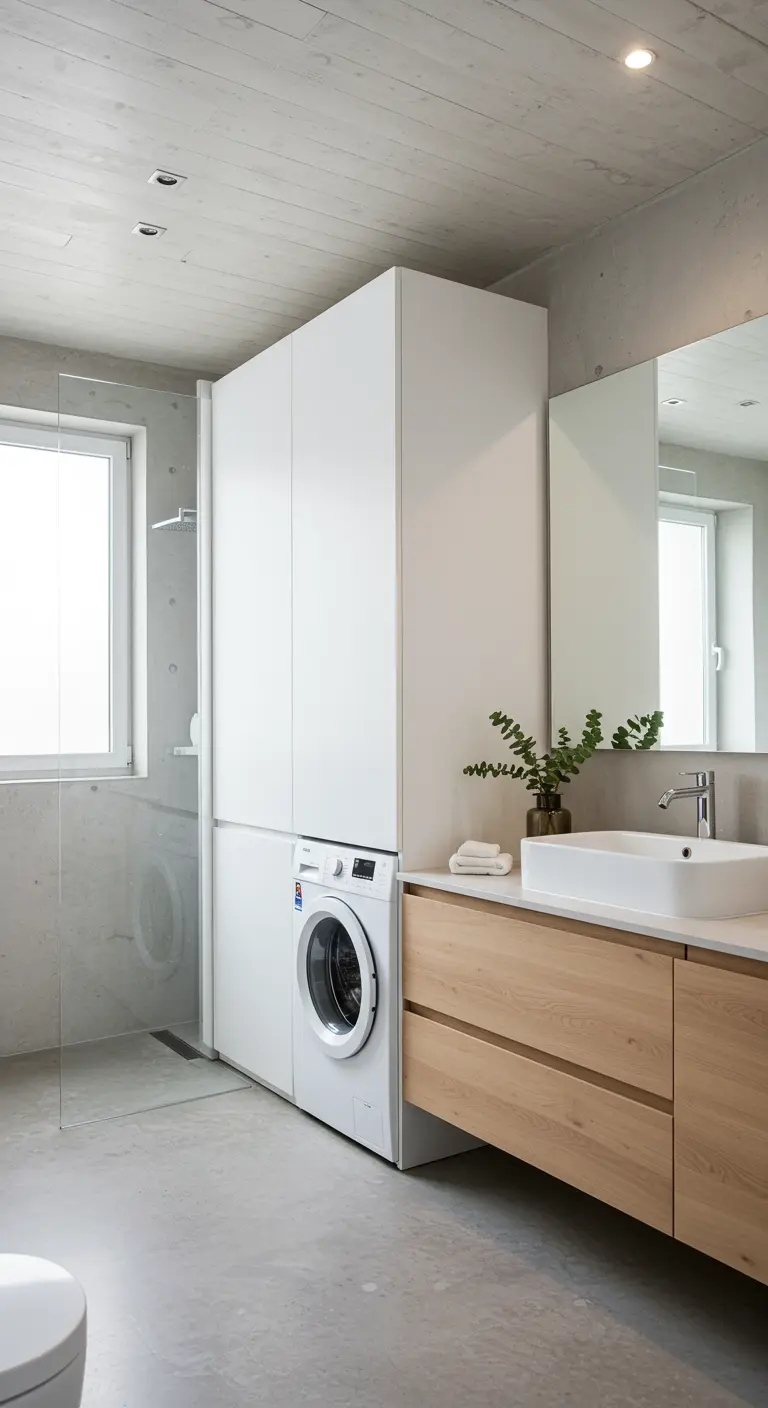 Witte wasmachine in hoge kast naast houten wastafelmeubel in een moderne badkamer.