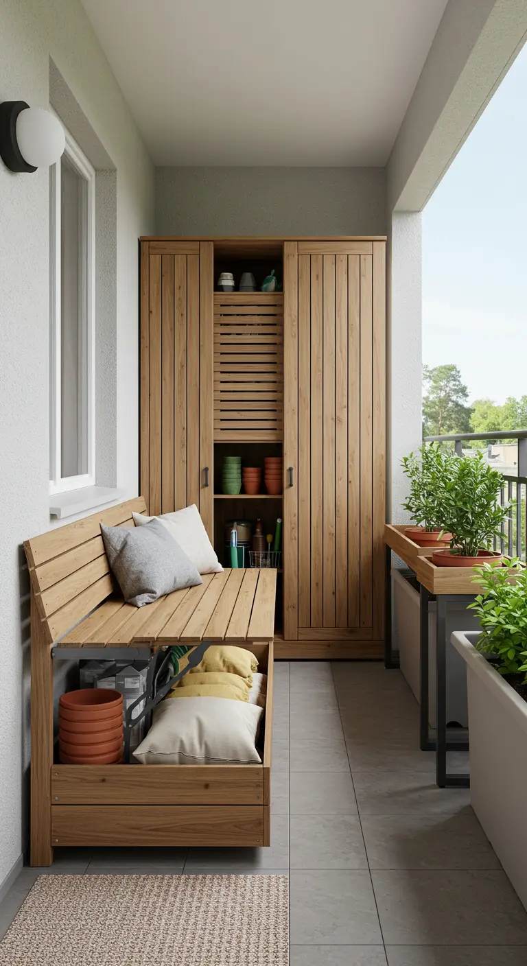 Balkon met houten bank met opbergruimte en een hoge houten opbergkast.