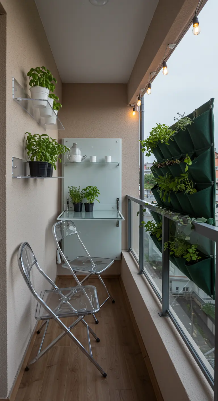Smal balkon met transparante klapstoelen, glazen klaptafel en verticale plantenzak.