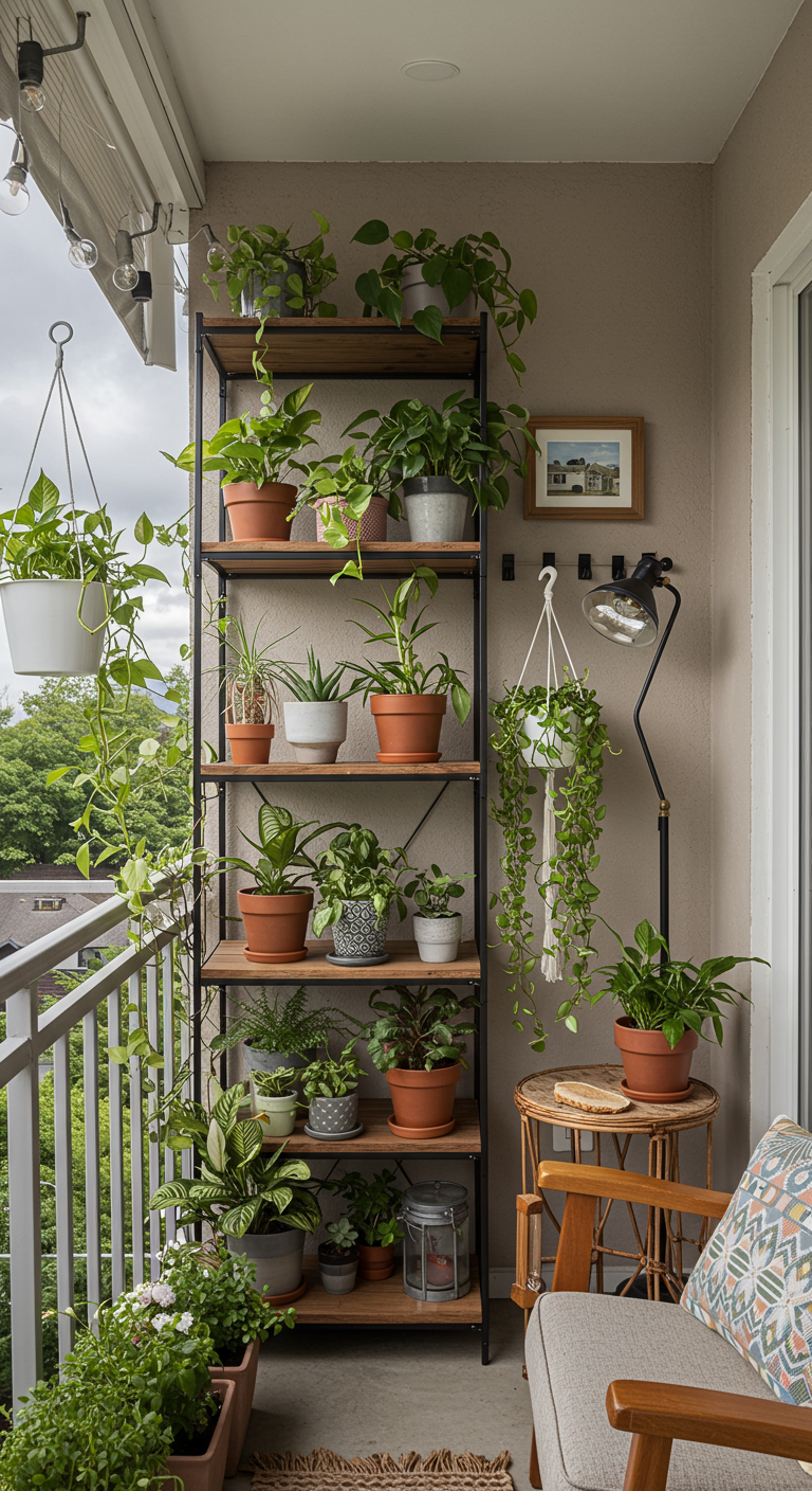 Smal balkon met hoge open stellingkast vol diverse planten en extra hangplanten.