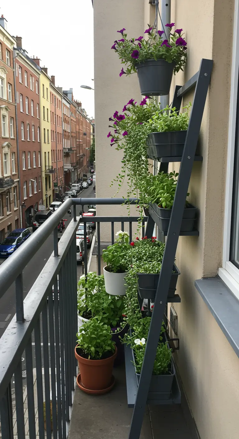 Donkergrijze plantenladder tegen balkonmuur met plantenbakken en hangplanten.