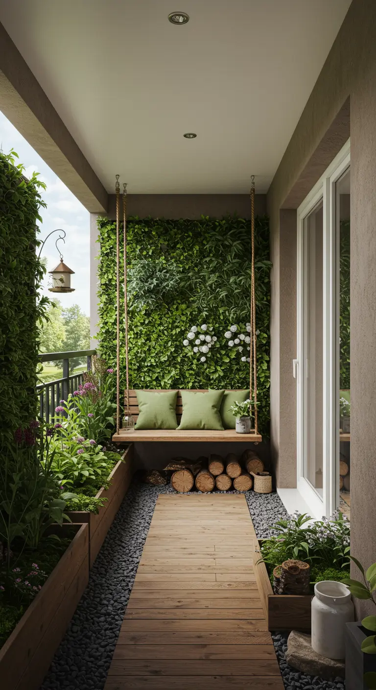 Houten schommelbank op smal balkon met verticale groene plantenwand.