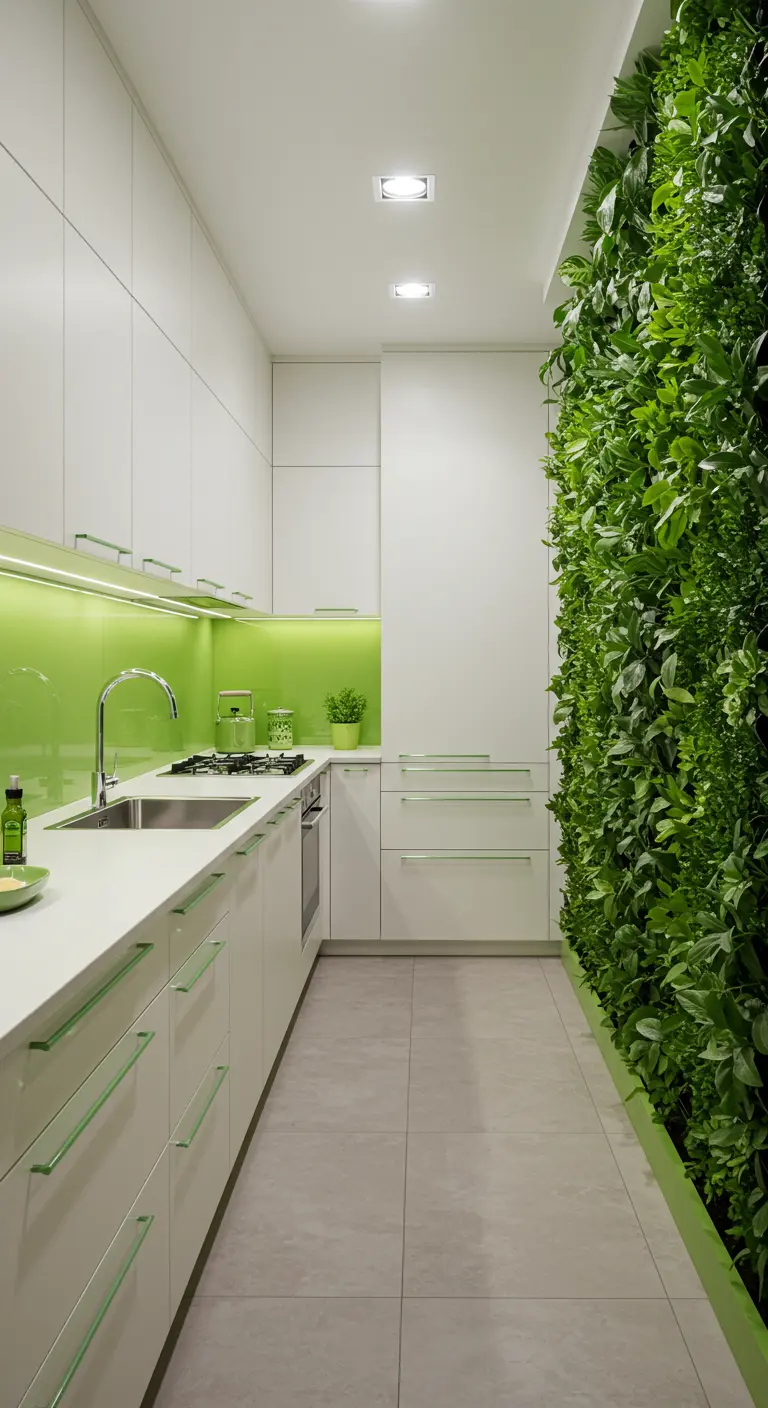 Smalle witte keuken met limegroene achterwand en een grote verticale plantenmuur.