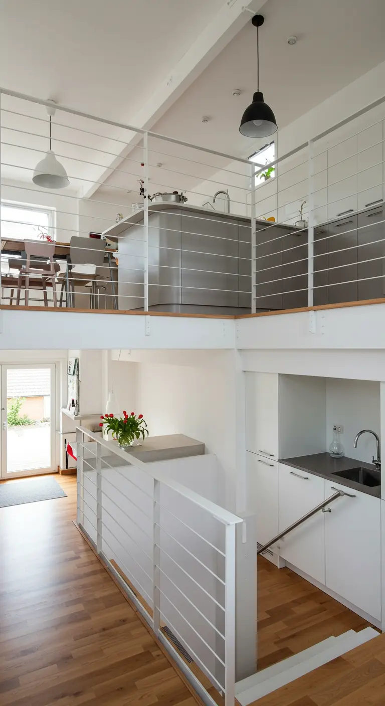 Moderne witte open keuken met RVS eiland onder een vide met witte balustrade.