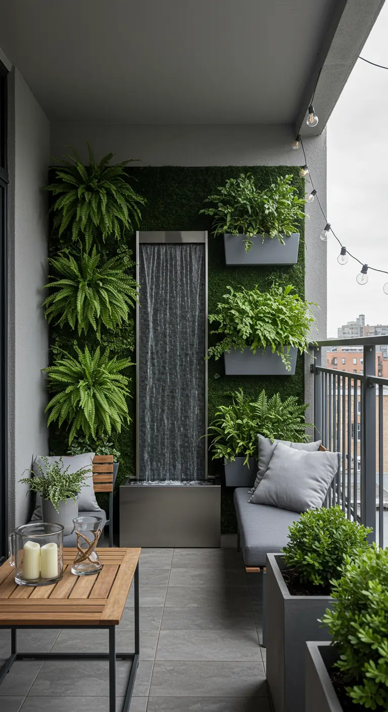 Balkon met verticale plantenmuur, slanke waterwandfontein en compacte zithoek.