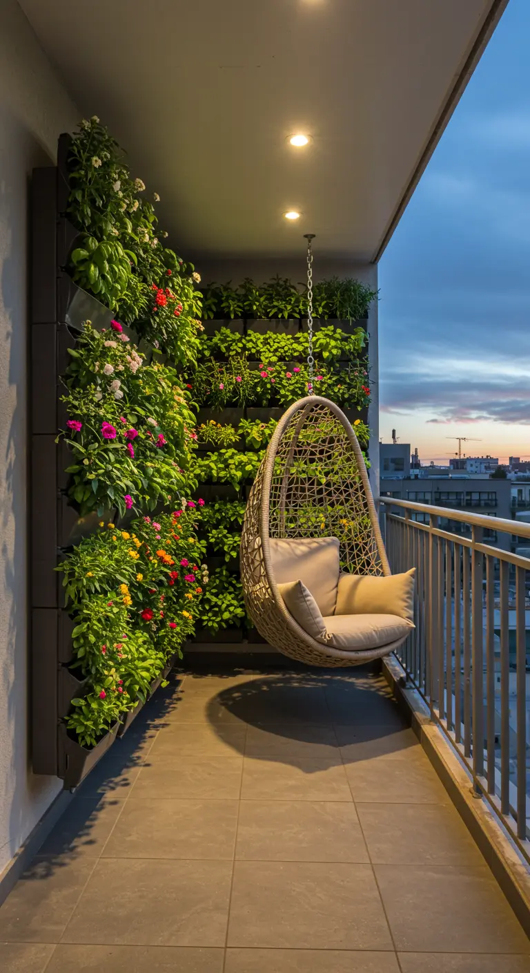 Balkon met beige hangstoel naast een weelderige verticale bloemenwand.