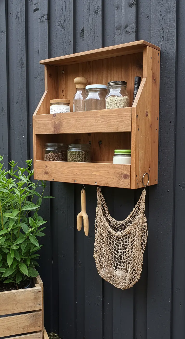 Houten wandrek met vakken en haakjes, gevuld met potjes en tuingerei.