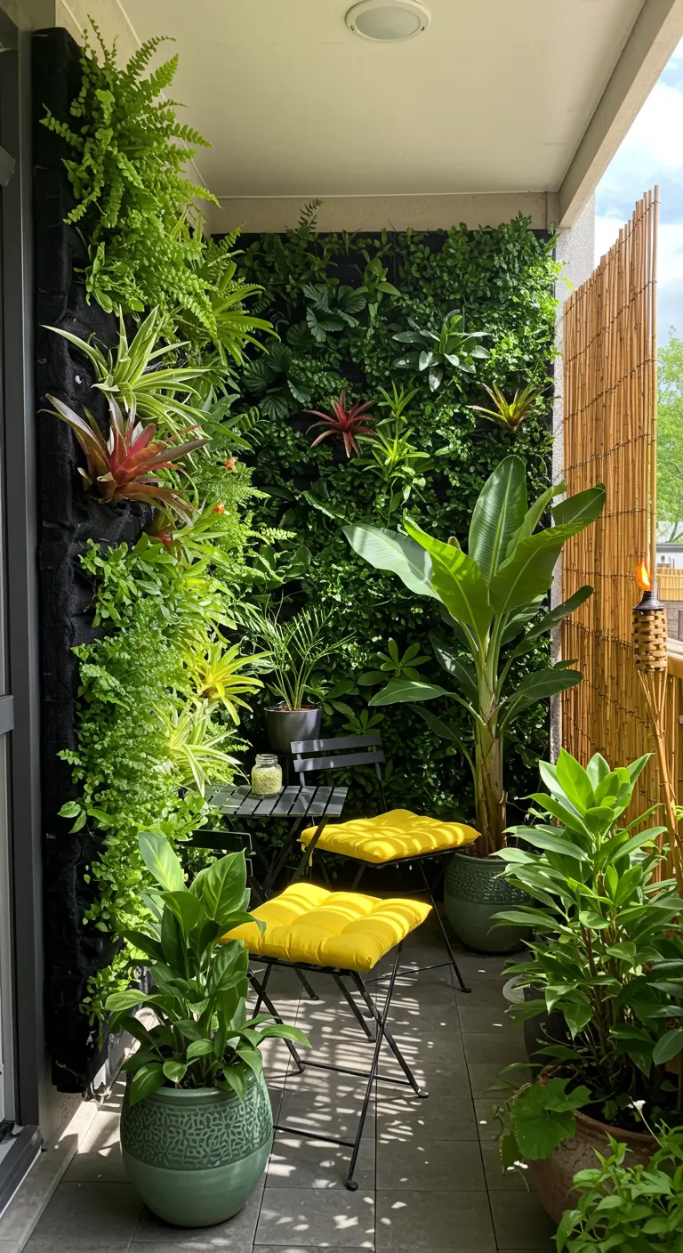 Smal balkon met verticale plantenwand, zwarte bistroset met gele kussens, bamboescherm.