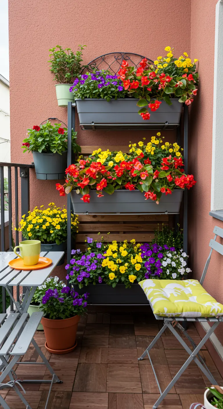 Grijze verticale plantenbak met drie lagen vol rode, gele en paarse bloemen op een balkon.