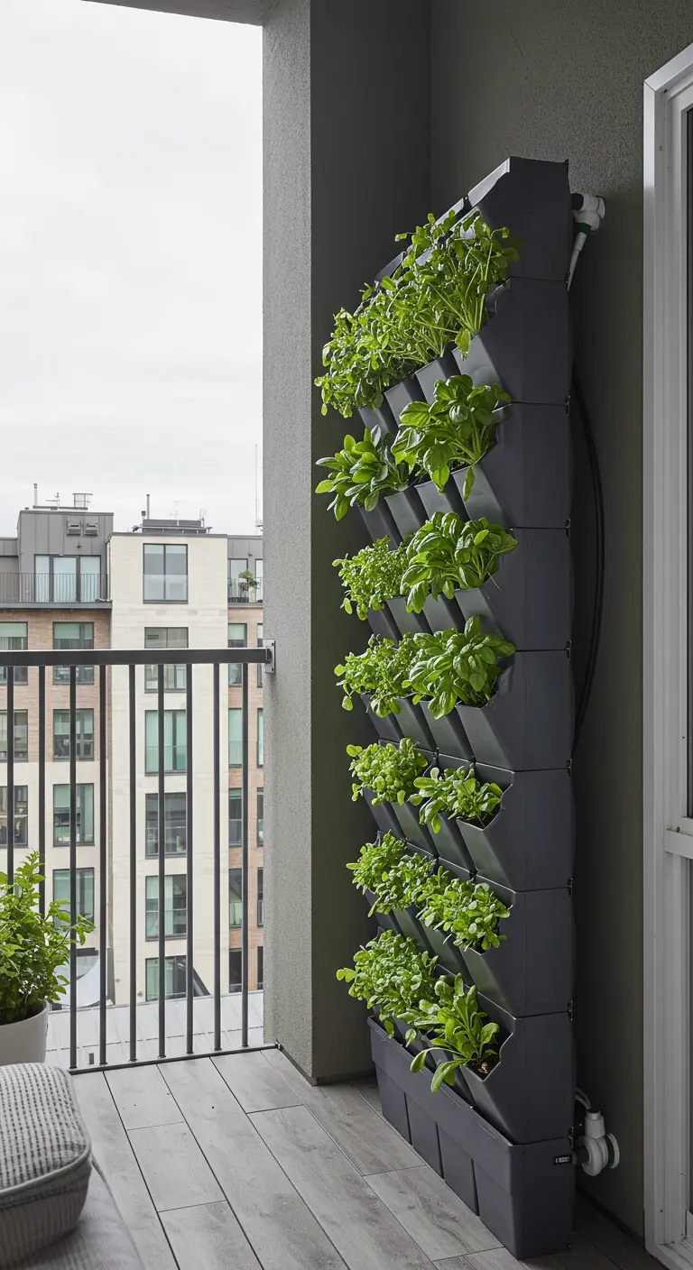 Moderne grijze modulaire verticale plantenwand met groene bladplanten tegen een balkonmuur.