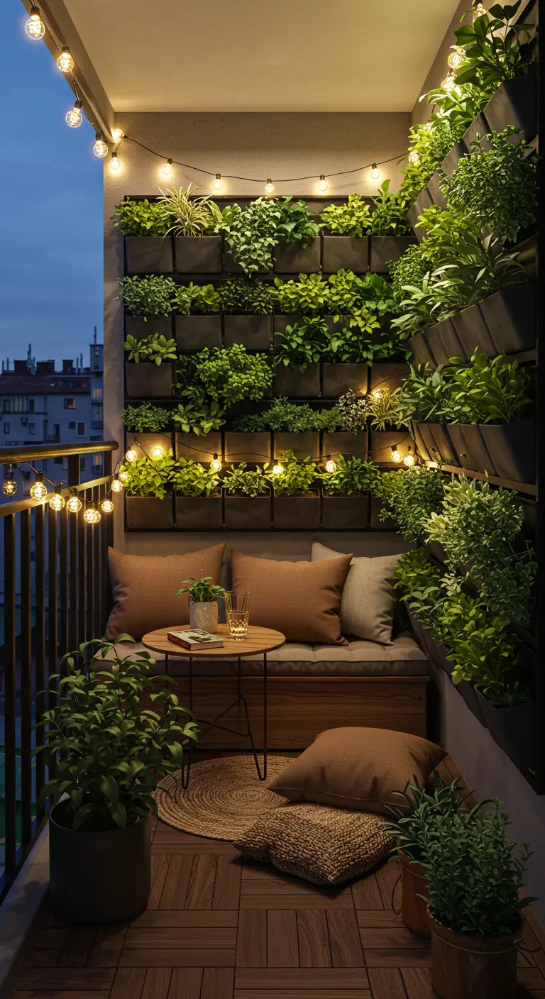 Knus balkon met een grote verticale plantenwand, sfeervolle lichtslingers en een zithoekje.