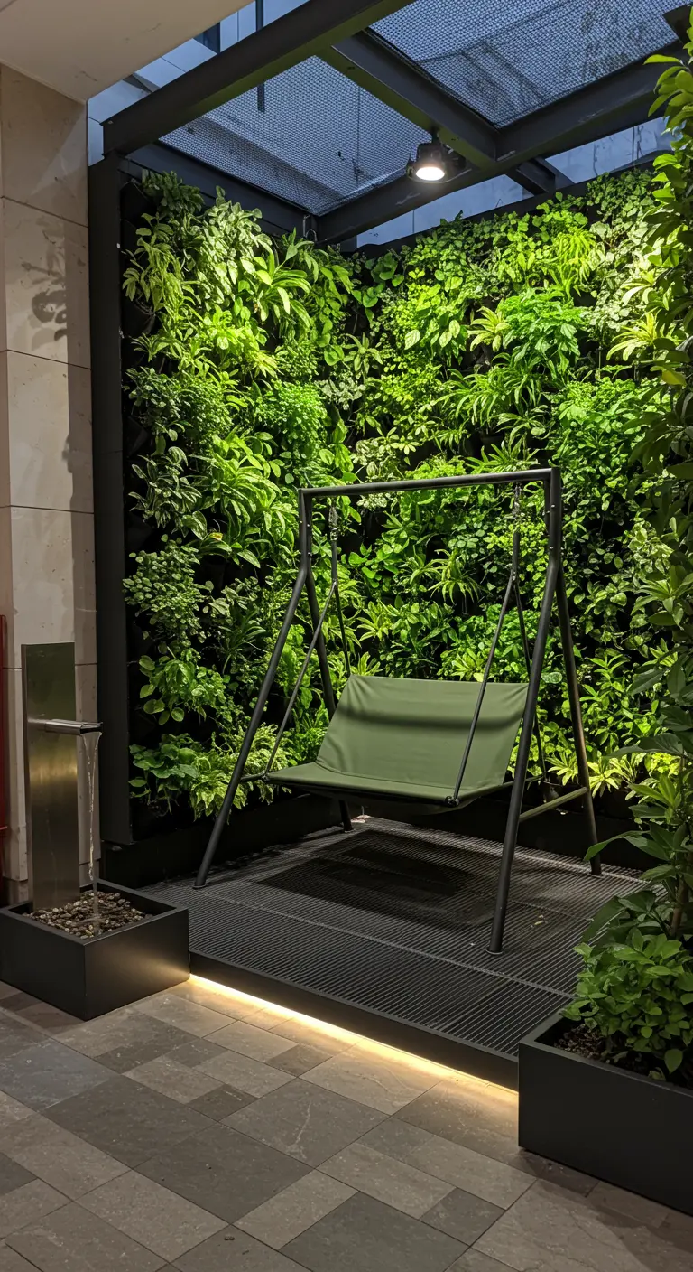 Zwart stalen schommelframe met groene zitting voor een verticale groene wand met fontein en plantenbakken