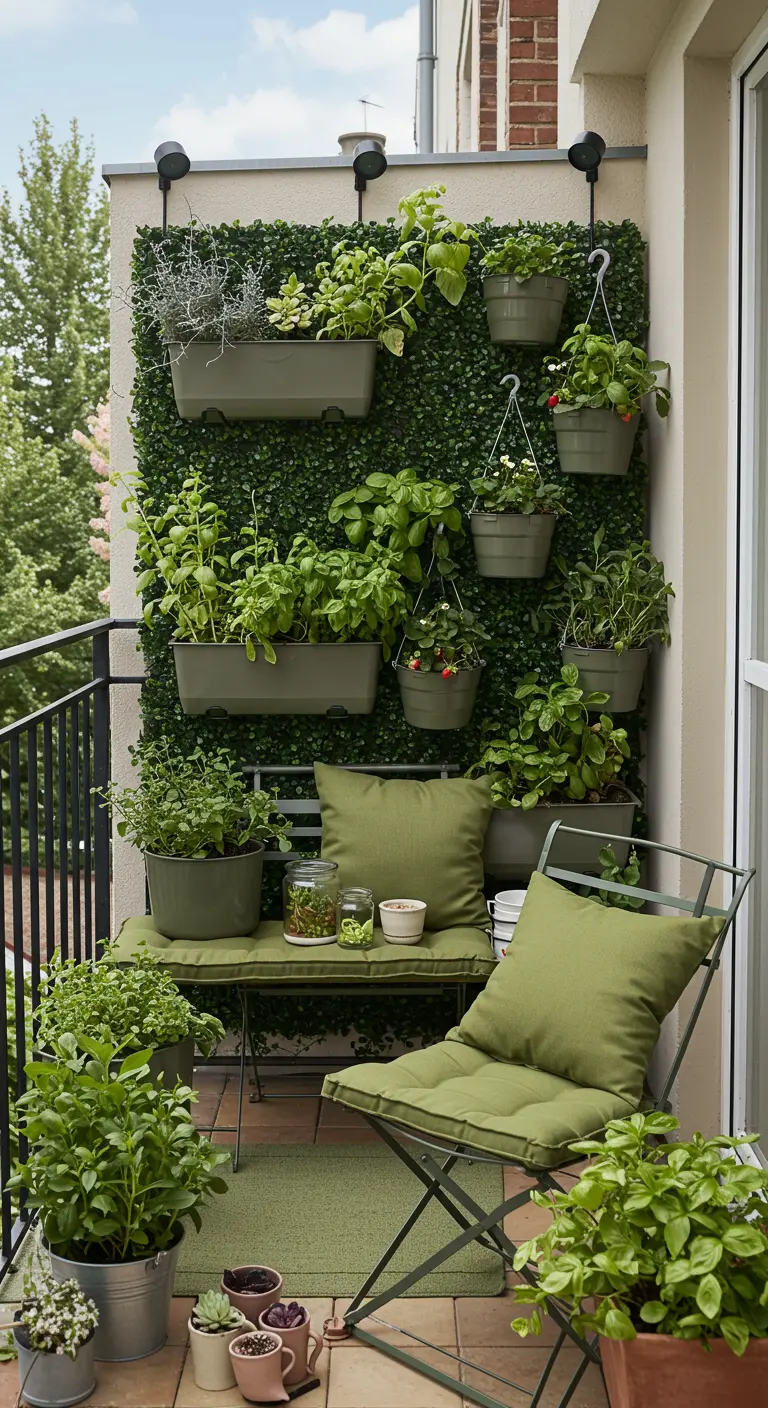Klein balkon met metalen bankje, olijfgroene kussens en verticale tuinwand met planten.