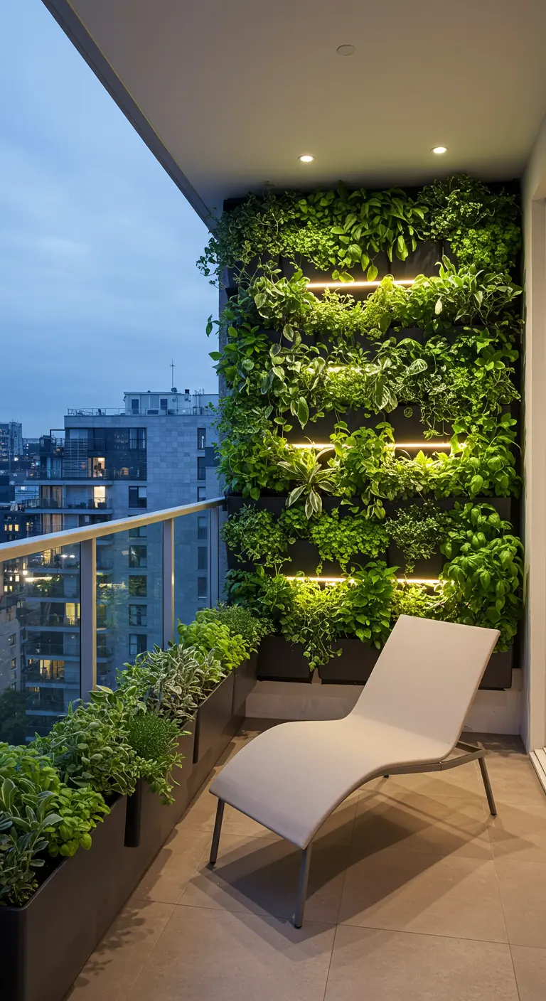 Balkon met grote groene plantenwand en een moderne witte chaise longue.