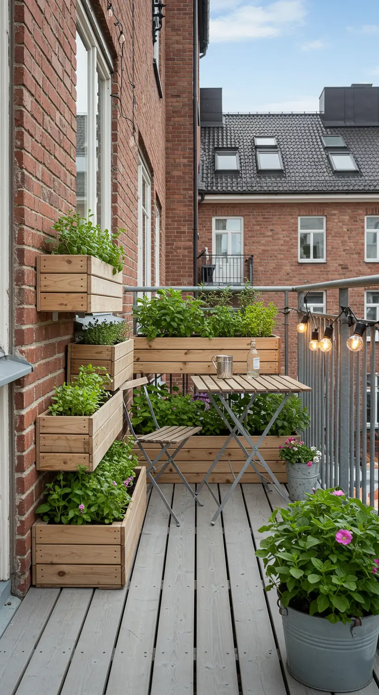 Balkon met verticale plantenbakken van houten kratten, een bistroset en een lichtsnoer.