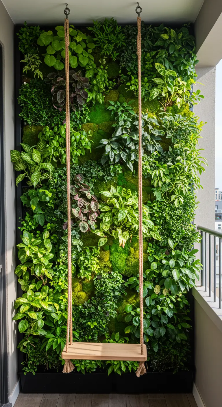 Verticale tuinwand vol groene planten en mos, met een houten schommel op een balkon.