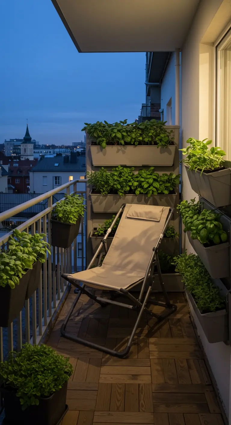 Klapstoel op smal stadsbalkon met verticale plantenbakken vol kruiden aan muur en reling.