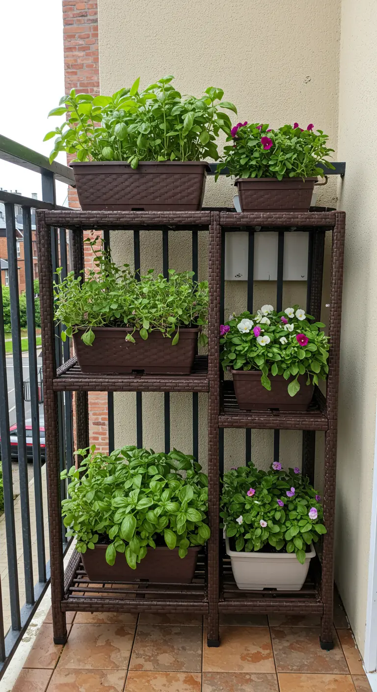 Donkerbruine polyrotan etagère met diverse kruiden en bloeiende planten op een balkon.
