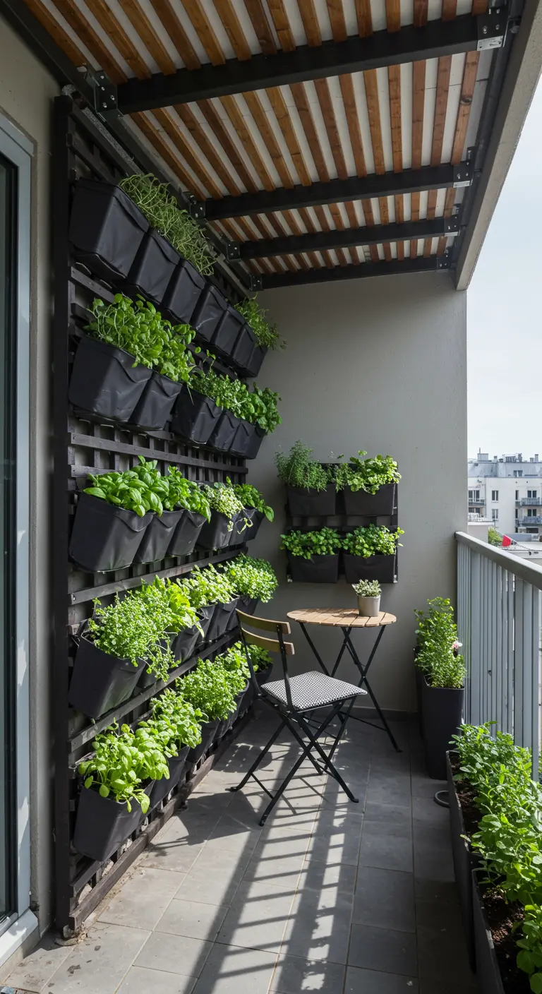 Balkon met houten lattenplafond en verticale tuin met kruiden in zwarte plantzakken.