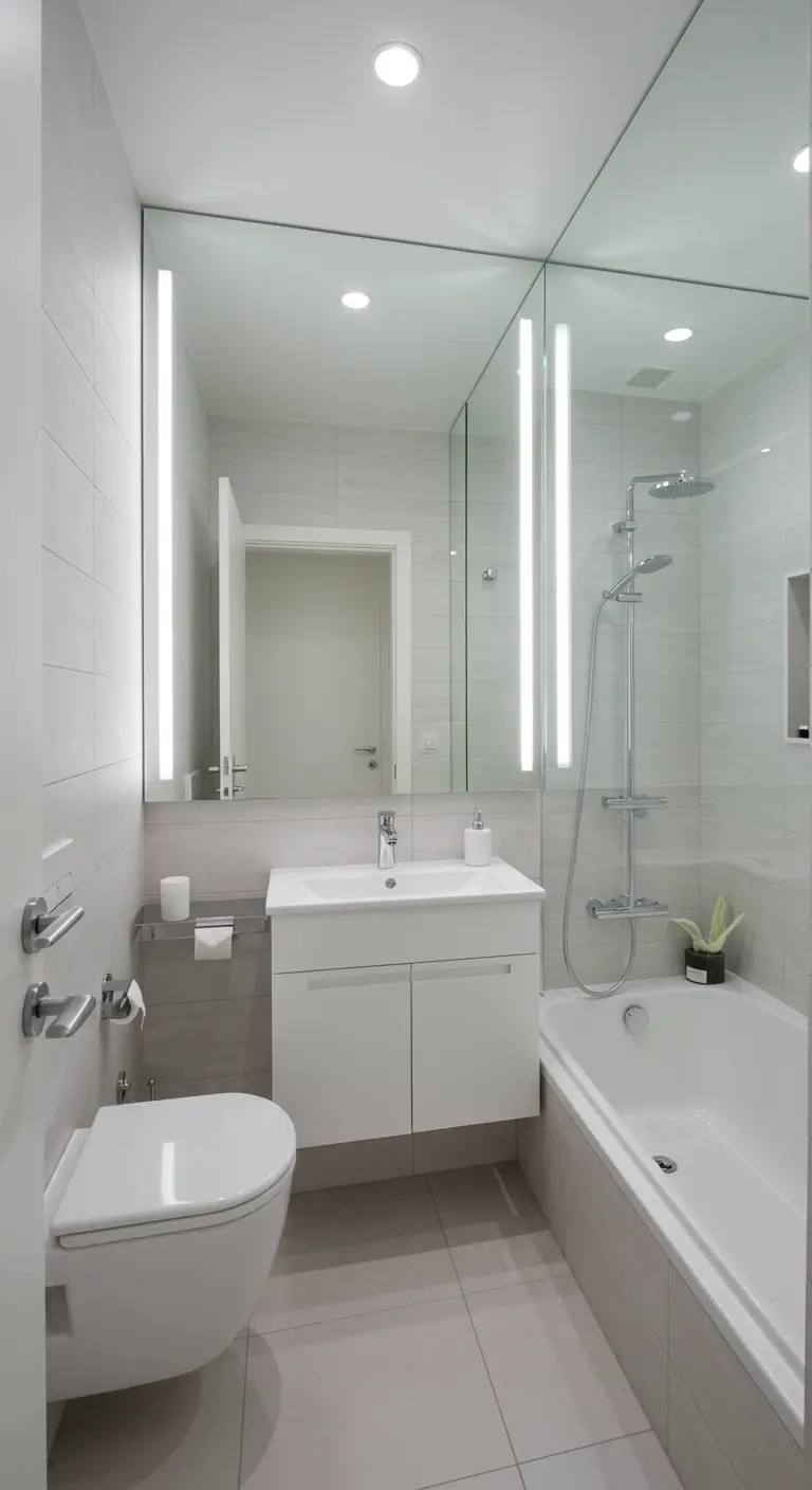 Badkamer met verticale LED-lichtlijnen naast de spiegel.