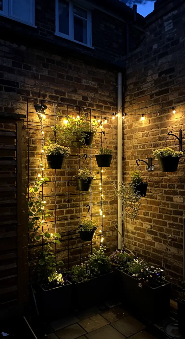 Klimrek tegen bakstenen muur met hangplanten en kerstlichtjes 's avonds.