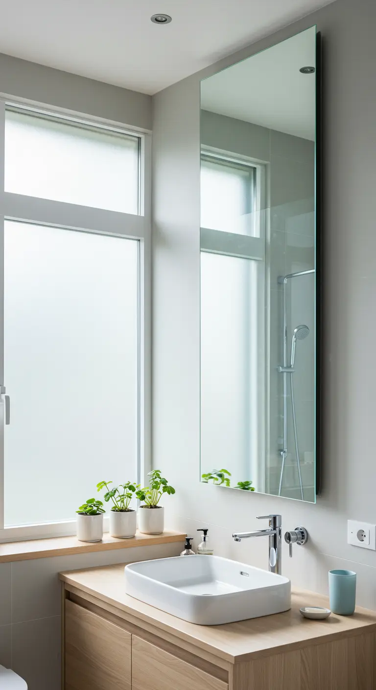 Lichte badkamer met smalle verticale spiegel naast groot raam.