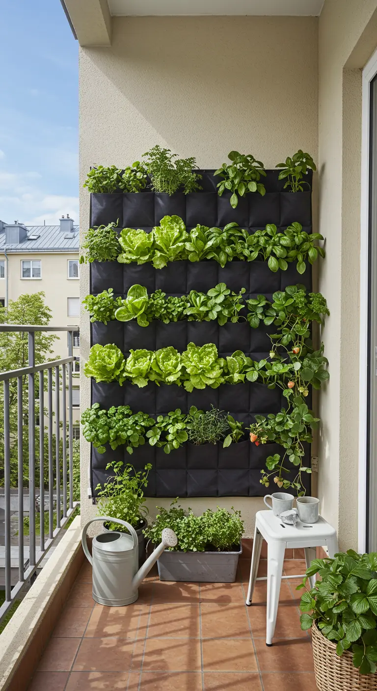 Zwarte verticale plantzak aan de muur van een balkon, gevuld met sla, kruiden en aardbeiplantjes.