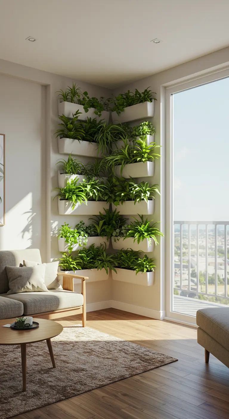 Moderne woonkamerhoek met een verticale tuin van witte plantenbakken gevuld met diverse groene planten.