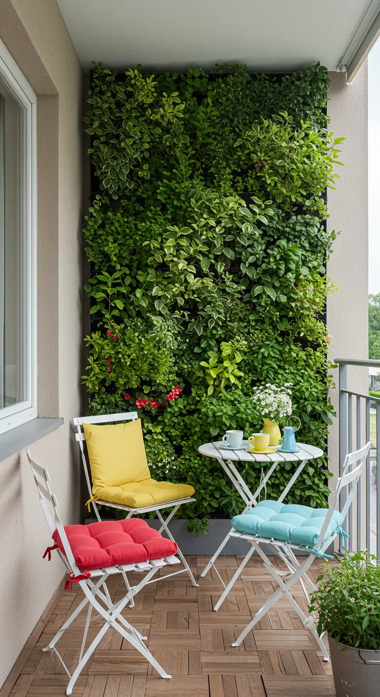 Balkon met verticale plantenwand en bistroset met rode, gele en blauwe kussens.