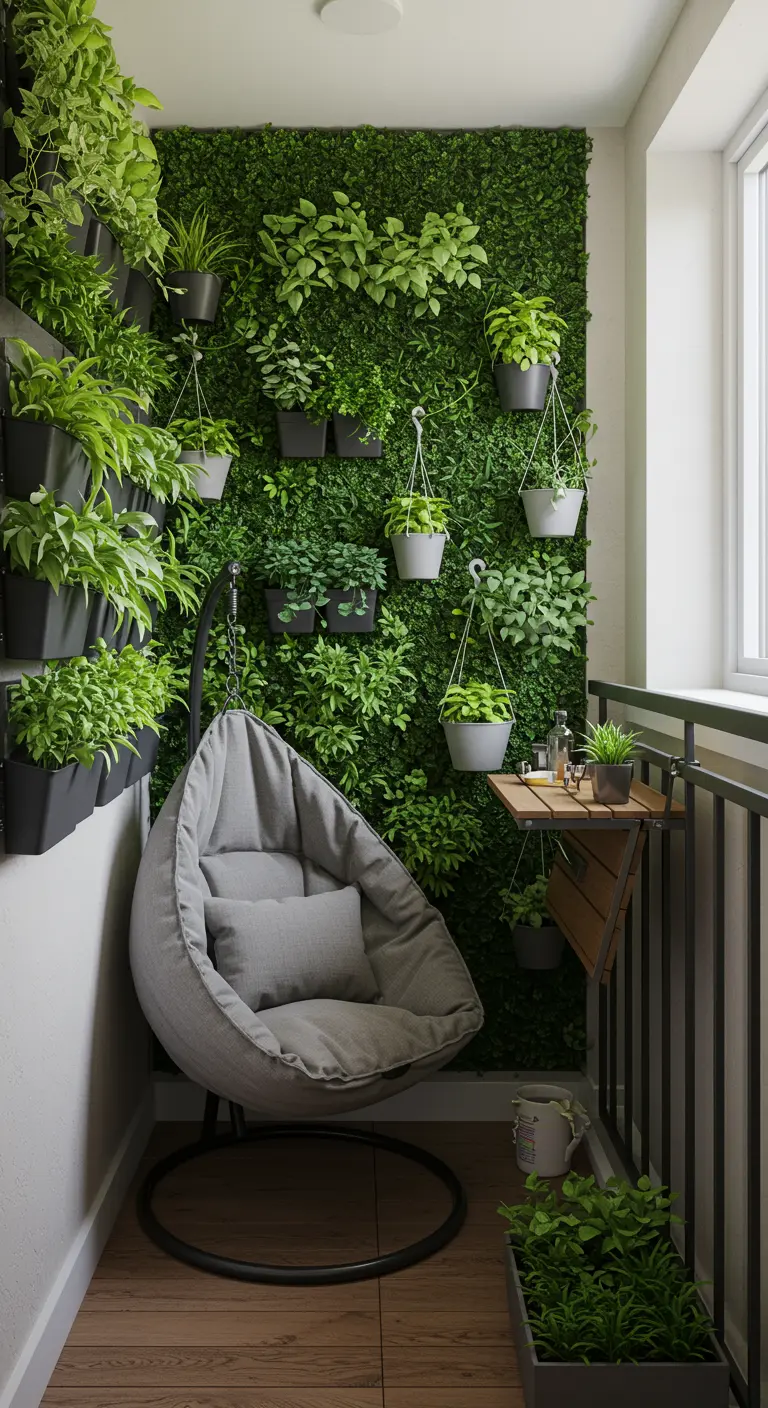 Grijze hangstoel met standaard op smal balkon met een volledige groene plantenwand.