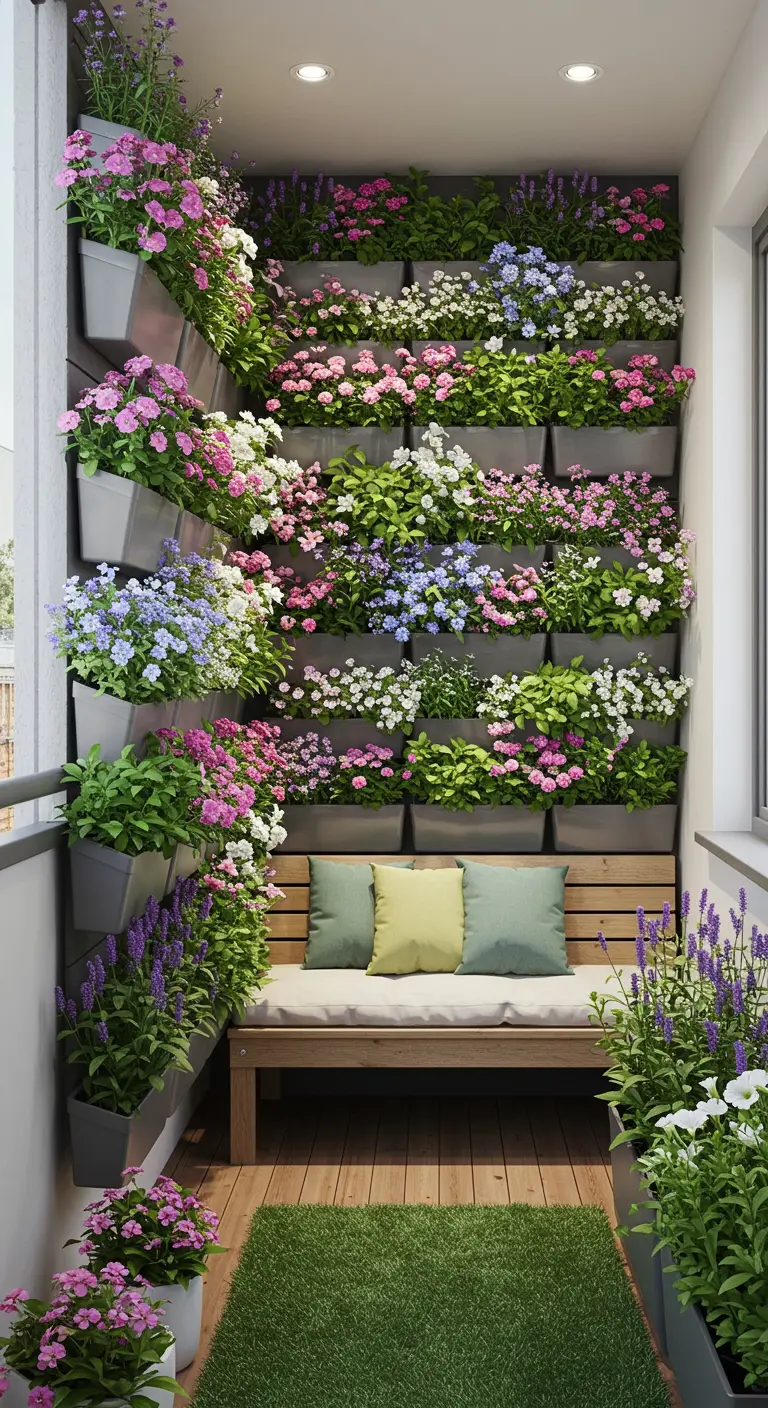 Balkon met verticale tuin vol roze, paarse, witte bloemen en een houten bankje.