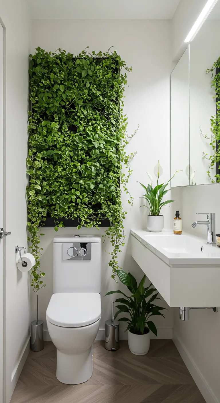 Verticaal plantenpaneel boven toilet in compacte witte badkamer met houten vloer