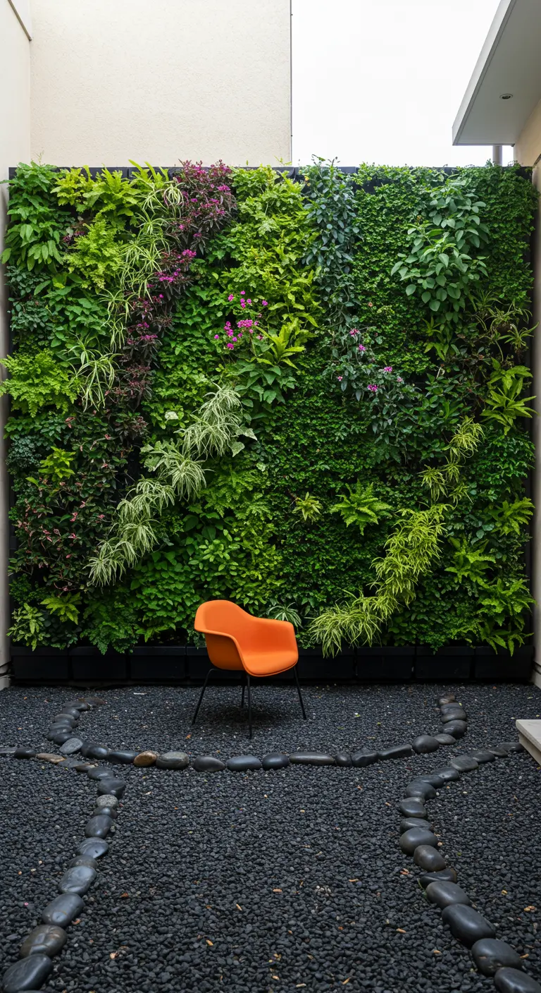 Indrukwekkende verticale plantenwand boven een bed van donker grind met een slingerend pad van keien.
