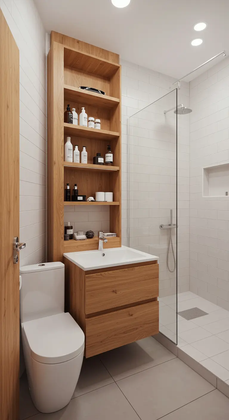 Hoge, smalle houten opbergkast naast het toilet in een moderne badkamer.