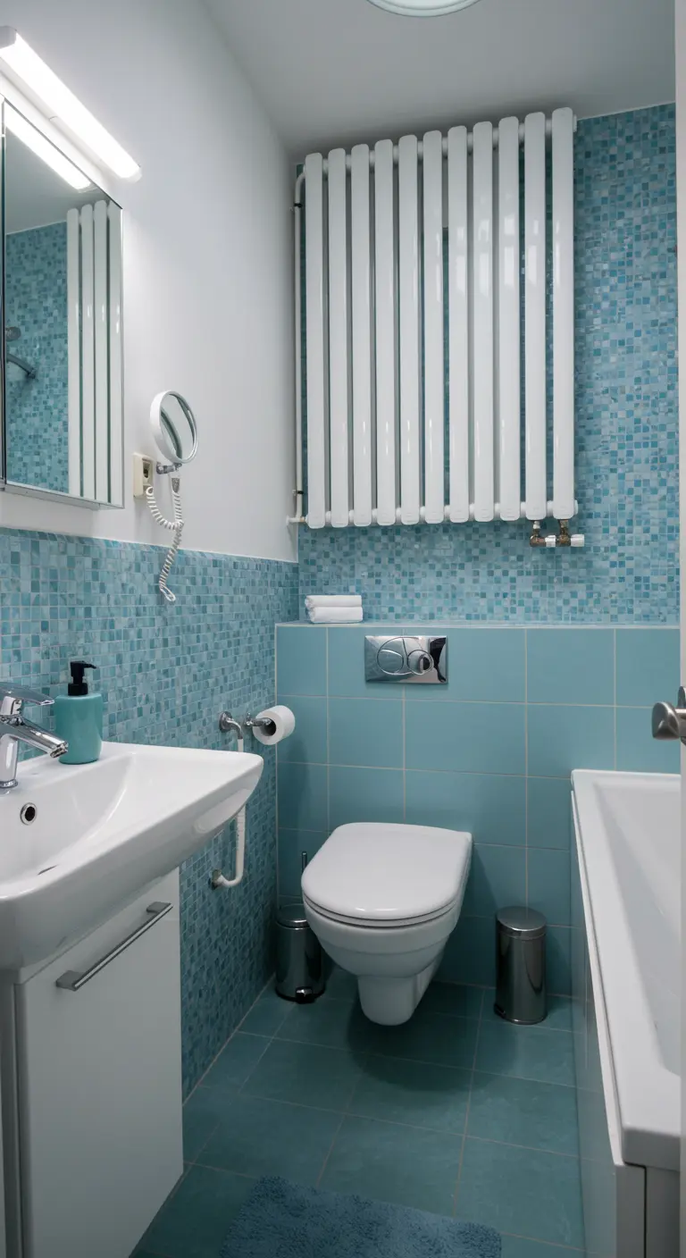 Witte, hoge verticale radiator in een kleine badkamer met blauwe mozaïektegels, boven het toilet.