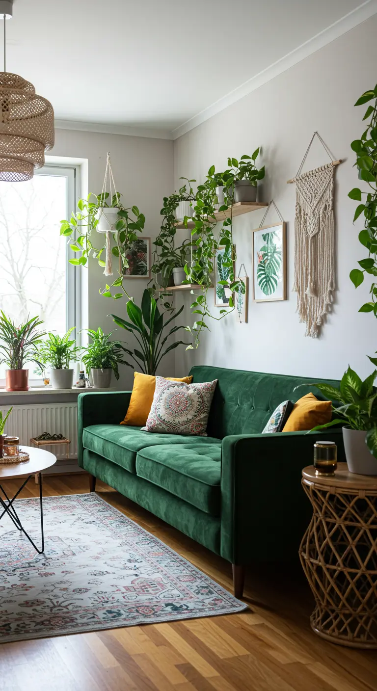 Woonkamer vol hangende en staande planten, met een groene fluwelen bank en rotan details.