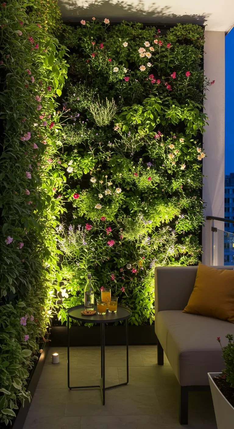 Balkon met een grote, verlichte groene wand vol planten en bloemen naast een bank.