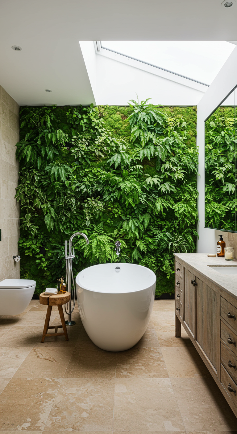 Badkamer met grote groene plantenwand en vrijstaand bad.