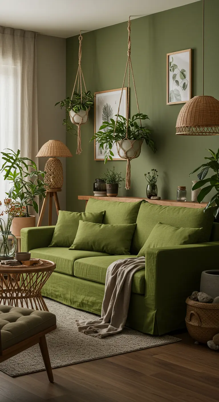 Groene woonkamer met olijfgroene bank, rotan plantenstandaards, hangplanten en rotan lamp.